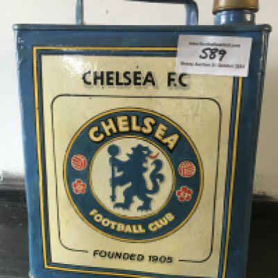 Chelsea Retro Old Petrol Can For Man Cave: Very old petrol can painted blue with Chelsea logo to whole of front. Whilst revamped around 10 years ago these 11 inch high old cans would be a great talking point in a bar or man cave.