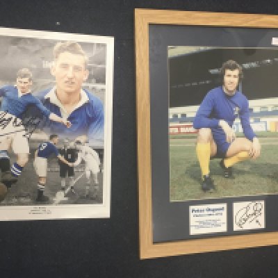 Chelsea Signed Football Photo Collection: Folder containing 11 signed large photos to include Bonetti Harris Hudson Tambling and Hollins. C/W large framed picture of Osgood with signed white card enclosed plus a unframed signed montage of Roy Bentley. Not for posting.