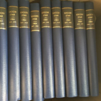 Soccer Star Complete Seasons Of Football Magazines: Some the former property of a Maurice Weedon. Bound red volumes from 57/58 and 69/70. Loose sets from 54/55 then September 59 to Sept 62. From 63 to 66 there are 9 blue smaller bound volumes. Would be over 400 issues in excellent condition. (2 large boxes)