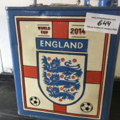 England Retro Old Petrol Can For Man Cave: Very old petrol can painted blue with 3 Lions logo to whole of front. Whilst revamped around 10 years ago these 11 inch high old cans would be a great talking point in a bar or man cave.