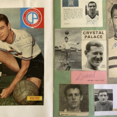 Crystal Palace 1960s Football Scrapbook + Photos: Over 100 autographs throughout the scrapbook with nearly all 60s players and a handful later. There are some photos of which 5 are press photos from the 60s that are loose.