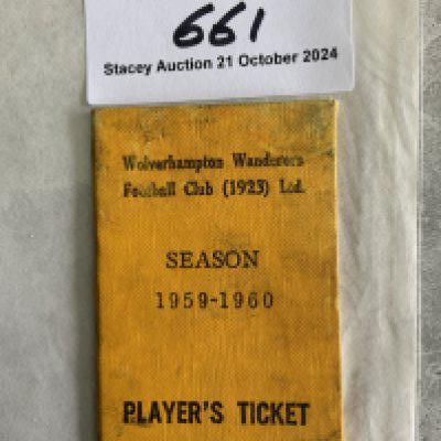59/60 Wolves Football Players Ticket: From arguably the best ever Wolves team that won the FA Cup and Charity Shield but also came 2nd in Division One and went deep into the European Cup. Small gold hardback players pass has players rules inside. Former property of Eddie Clamp with dirty handling marks.