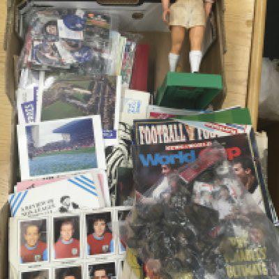 Football Memorabilia Box: Includes trade cards magazines figures first day covers coins and paper ephemera. Instructions to sell.