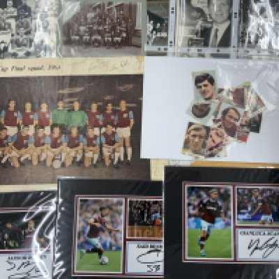 Football Photos: Wide ranging to include Bobby Moore, Tommy Lawton, Royal Engineers, Mounted autograph of John Charles. West Ham items include cards, mounted signed displays and a poster. Instructions to sell.