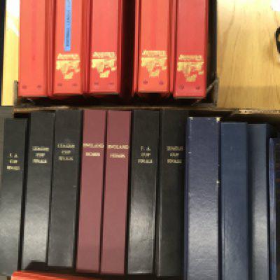 Football Programme Binder Collection: Official Wembley binders for big match programmes plus some made by DJ Bookbinders with titles such as FA Cup Finals, League Cup Finals, England and some blank. 2 boxes. (16)