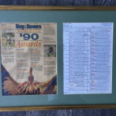 John Motsons Framed Notes For 1990 World Cup Final: Consisting of hand written notes on A4 card regarding each player hand written as always by his wife. Framed together with an article from the Roy of the Rovers World Cup 90 review which lists best everything including commentator which he won. Direct from the Motson family.