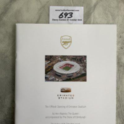 Arsenal New + Old Ground Football Memorabilia: Sealed hardback programme for the last match at Highbury v Wigan. C/W official Opening itinerary brochure on 26 10 2006 by the Queen and Duke. This stunning brochure lists all members of staff and guests to this event. (2)