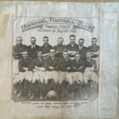 1930 Arsenal FA Cup Winners Football Handkerchief: Large cloth handkerchief with team group of the 30-31 team stating Holders of the English Cup with players listed below. Few stains but quite good for 93 years old.