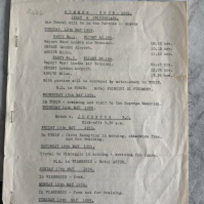Arsenal 1959 Football Tour Itinerary + Photos: Italy and Switzerland players Itinerary for May 1959. 3 typed pages giving information of travelling party flights matches and speaks of postponed fixtures and possible matches also on this tour. C/W 7 privately taken photos including possibly unseen team groups.