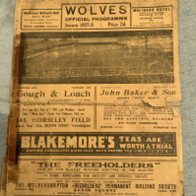 37/38 Wolves v Arsenal FA Cup Football Programme: Poor condition with split spine wear and tears and ex tape marks.