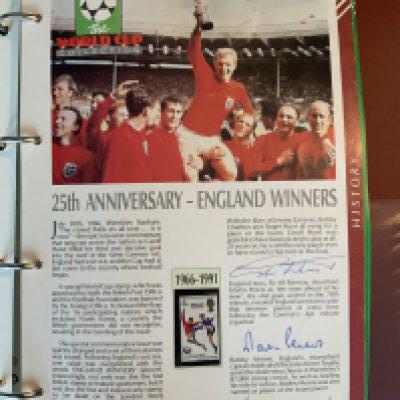 England 1966 World Cup Football Autographs: From the genuine World Cup Collection in original folder. First page lists the team line ups for the final and is signed by Alf Ramsey. 2nd page is signed by both goalscorers and captain which are West Ham legends Moore Hurst and Peters. The rest of the ring binder has hundreds of different stamps relating to the 1990 World Cup.