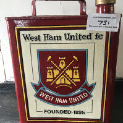 West Ham Retro Old Petrol Can For Man Cave: Very old petrol can painted claret with West Ham logo to whole of front. Whilst revamped around 10 years ago these 11 inch high old cans would be a great talking point in a bar or man cave.