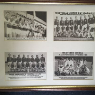 West Ham Framed Football Displays: Subjects are cup winning teams, Bobby Moore and a montage of players from around 2000. 3 items with instructions to sell. Not for posting.