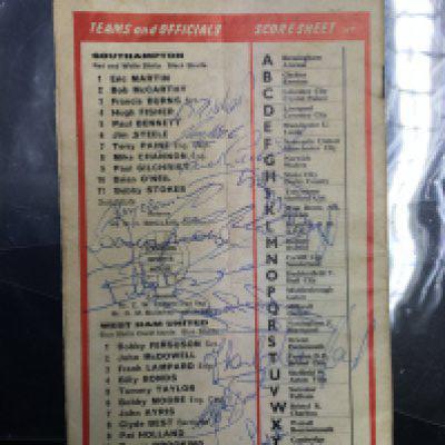 Bobby Moore Signed West Ham Football Programme: 72/73 Southampton away programme signed to rear team page by some of both teams. West Ham players include Moore Lock Lampard Bonds and Brooking.