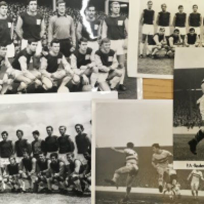 West Ham Football Press Photos: 1964 1967 1968 team groups plus 2 earlier action shots. All have press stamps and annotations. (5)