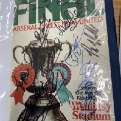 West Ham Signed Football Photo Collection: 61 large colour photos which are signed by many stars including Parkes Brooking Cross Lomas Parker Potts Ince and Devonshire. C/W 1970 FA Cup final programme cover signed by 9 and a 1965 ECWC final team signed by 6. C/W additionally some unsigned photos.