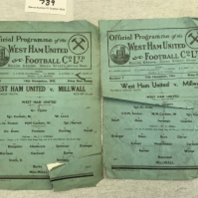 Wartime West Ham v Millwall Football Programmes: Football League South 42/43 with large tear and 43/44 with creasing. (2)