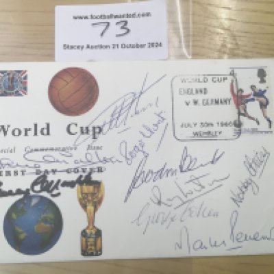1966 England World Cup Signed First Day Cover: England v West Germany match details with clear stamp of the day of the match. Originally signed by 8 in biro then later in marker by Charlton. Lacking Ball and Moore.