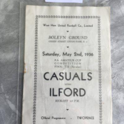 1936 Amateur Cup Final Replay Football Programme: Played at the Boleyn Ground West Ham between Corinthian Casuals and Ilford. Good condition with folding and score on team page inside.