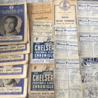 Chelsea 1940s Home Football Programmes: 45/46 x 5, 46/47 x 12, 47/48 x 2, 48/49 x 6 plus 2 aways at 45/46 Fulham and Brentford. Fair. (25)