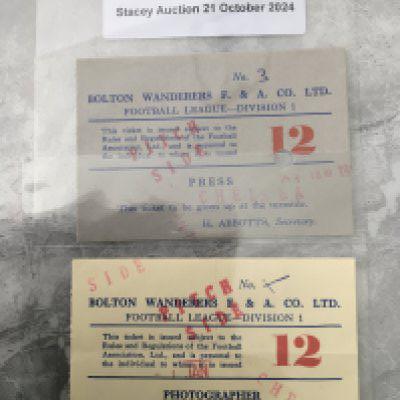 54/55 Bolton v Chelsea Football Tickets: Bolton tickets both stamped with date and words pitch side Chelsea in the famous Division One championship season. One is for a photographer the other press. Both hole punched on entry. (2)