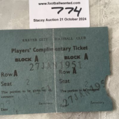 50/51 Exeter City v Chelsea FA Cup Football Ticket: Playets complimentary ticket. Both sides of ticket which has been stamped on both portions 27 Jan 1951. Held along joining perforations with invisible tape. Right hand piece has small piece torn off.
