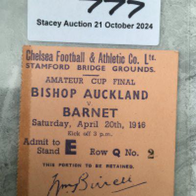 1946 Amateur Cup Final Football Ticket: Played At Chelsea between Bishop Auckland and Barnet. Tiny ex tape mark near perforations otherwise good.