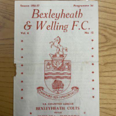 56/57 Bexleyheath v Chelsea Football Programme: South East Counties League dated 10 11 1956. Staple rusted away leaving hole. No team changes. Unbeaten Chelsea Juniors team to include Shellito and Greaves.