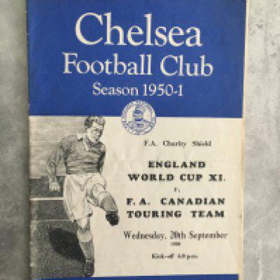 1950 Charity Shield Football Programme: Played at Chelsea in good condition with team changes. England World Cup X1 v FA Canadian Touring Team. Fold.