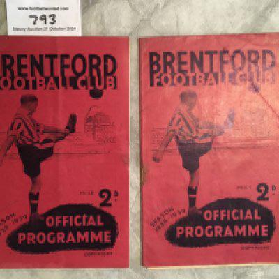 38/39 Brentford Home Football Programmes: Huddersfield with staple rusted away and Chelsea which is quite good with tiniest paper loss to border. Both have no team changes. (2)