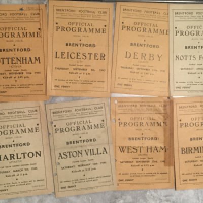 45/46 Brentford Home Football Programmes: Bristol City Notts Forest Derby Leicester Tottenham Newport Charlton FA Cup all very good plus Birmingham sof and 4 others with punch holes. (12)