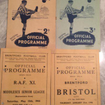 1949s Brentford Home Football Programmes: 45/46 Bristol City FA Cup, 46/47 Everton, 48/49 Leicester all excellent plus 43/44 RAF v Middlesex Senior League with punch holes. (4)