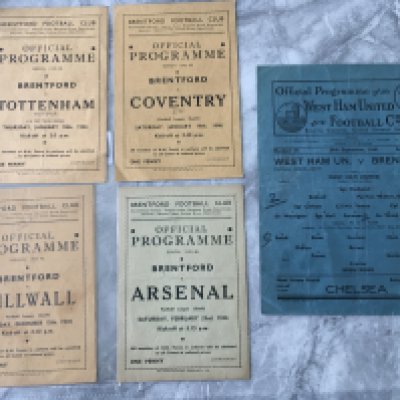 Brentford 45/46 Football Programmes: Homes v Coventry Millwall Arsenal all league and Tottenham cup. C/W away league match at West Ham. Good. (5)