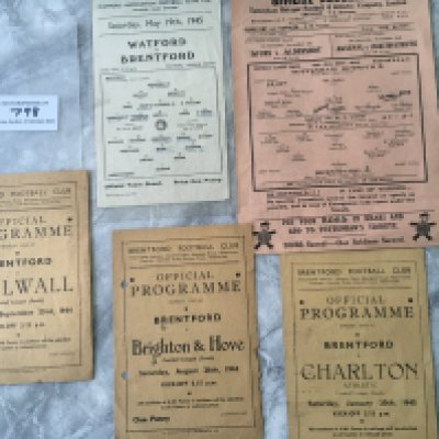 Brentford 44/45 Football Programmes: Homes v Millwall, Charlton, Brighton punch holes and aways at Watford and Tottenham. All league matches in good condition with team changes. (5)