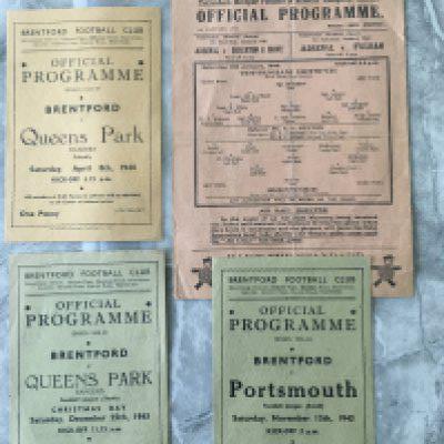 Brentford 43/44 Football Programmes: Homes v Portsmouth QPR league and friendly plus Tottenham away. Good condition league matches unless stated. (4)