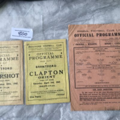 Brentford 42/43 Football Programmes: Homes v Aldershot league and Clapton Orient cup plus Arsenal away in the league. Good. (3)