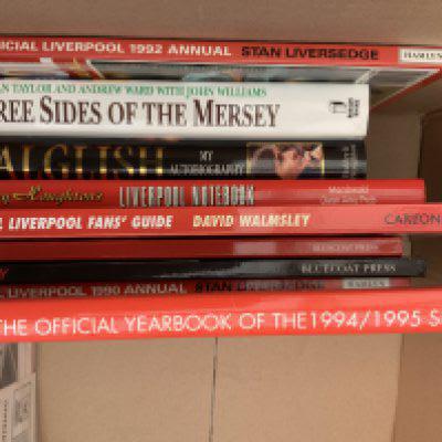Liverpool Football Memorabilia Box: Flat packed cardboard Anfield model to make up, Books, 1988 calendar, Liverpool Echos, Records and more with instructions to sell.