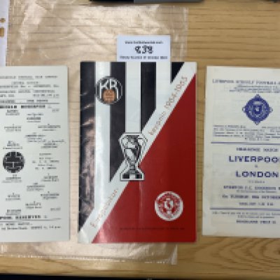64/65 Reykjavik v Liverpool Football Programme: Liverpools first match in Europe which is an original European Cup qualifier dated 17 8 1964. Excellent with no team changes. C/W Liverpool single sheet away reserve match at Chesterfield (featuring a young Gordon Banks) on 21 1 1956 and a London v Liverpool Schools programme in 1963 at Everton. (3)