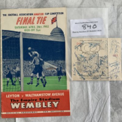1952 Amateur Cup Final Programme + Signed Ticket: Very good condition programme and unused ticket to which the rear has been signed by the Leyton team that lost to Walthamstow in the final.
