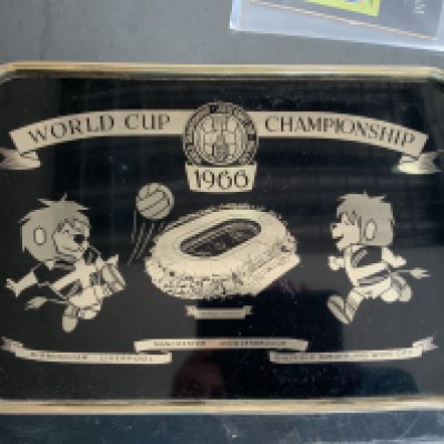 1966 Football World Cup Willie Tray: 18 x 12 inch attractive excellent condition tray featuring Willie either side of Wembley with the World Cup logo and list of grounds etc. Could not have been used in 58 years.