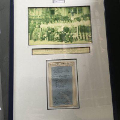 1938 England Football Team Signed Display: Autograph page headed England X1 1938 Scotland Wembley. Beneath in pencil are 11 autographs and include Bastin Copping Sproston Woodley Cullis and Fenton. Team group displayed above. Framed and glazed.