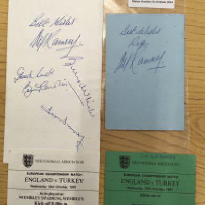 Alf Ramsey Signed Personal Football Items: 1992 FA Cup Final menu/lists of guests (Liverpool v Sunderland) signed clearly to blank back page by England legends Alf Ramsey Billy Wright Bobby Charlton and Tom Finney. C/W Ramseys tickets for 1991 England v Turkey for Royal Box and Buffet plus a Programme of Arrangements signed to rear by him and dedicated.