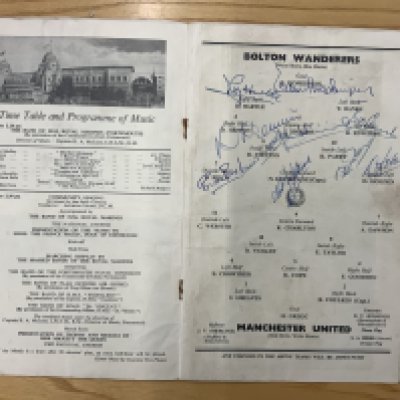 1958 Bolton Signed FA Cup Final Programme: Final programme v Manchester United signed by 10 of the winning Bolton team to team page. C/W from the same year Nat Lofthouse testimonial and 1959 away programme v Northern Rhodesia. (3)