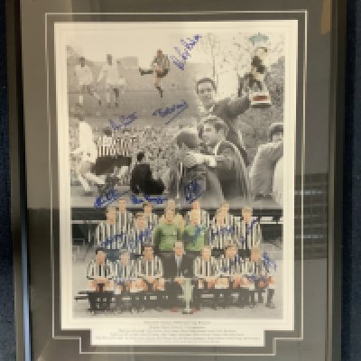 Newcastle United 1969 Fairs Cup Winners Signed Football Print: Superb framed montage signed by 14 players. Professionally framed and not for posting. COA from reputable source with picture proof.