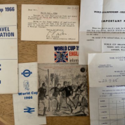 1966 World Cup Football Memorabilia: Scrapbook, ticket information, rail information, tube map, newspaper and more.