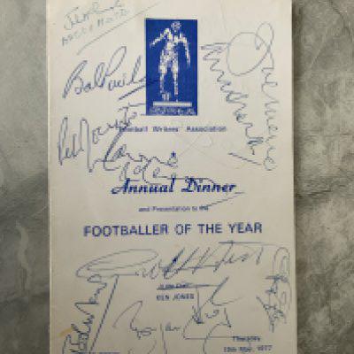 1977 Multi Signed Player Of The Year Football Menu: In honour of the football writers footballer of the year Emlyn Hughes of Liverpool. Not only signed by the League, Charity Shield and European Cup winning captain but by a host of famous footballers and ex winners of this prestigious award. Ex winners autographs include Bobby Moore Joe Mercer Danny Blanchflower Syd Owen Tony Book Tom Finney Jack Charlton and Dave Mackay plus guests Terry Venables Ted Croker Derek Dougan Bob Paisley Brian Kidd Geoff Hurst and many more.