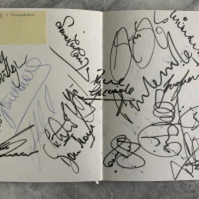 1990s Football Autograph Book: Many full teams on two pages to include England + West Germany Schoolboys, England x 4 Bulgaria Shrewsbury Rotherham Liverpool Aston Villa Leeds Everton Blackburn England + Australia Rugby League World Cup final team Clitheroe Brigg Northwich Macclesfield Plymouth Darlington Leicester Scotland and more.