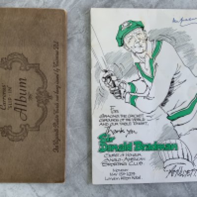 Don Bradman Multi Signed Cricket Dinner Menu: Held in 1974 at the Hilton London. Signed to front by Bradman and inside by 24 mainly cricketers all identified to include Len Hutton Godfrey Evans Alec Bedser Denis Compton Bill Edrich Trevor Bailey and even Tommy Trinder. C/W complete set in album of Cricketers cards by Carreras.