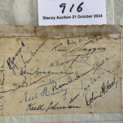1948 Australian Cricket Team Autographs: Possibly the best ever team that toured England and remaining undefeated. Breaking records to include 721 runs in a day at Essex on Bradmans last UK tour. Autograph page has been stuck down and includes Bradman Johnston Johnson McCool Johnson Saggers Loxton Hamence Hassett Harvey and others. Signed on 12 7 1948 the fourth day of test at Manchester.