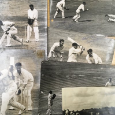 1940s Sporting Press Photos: 6 cricket including 2 signed by Les Compton, 4 boxing and 4 horse racing. Nearly all have press stamps and annotations to rear and punch holes. (14)